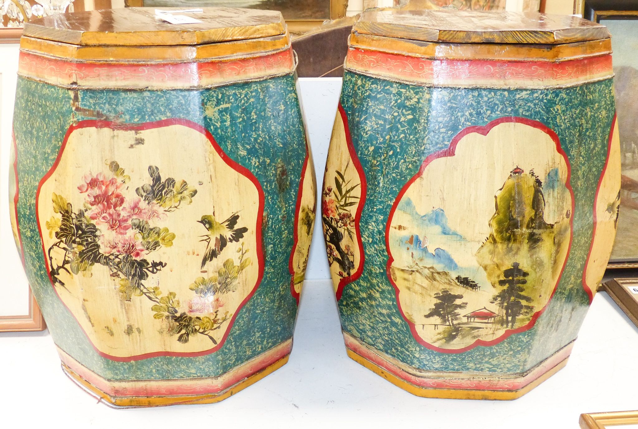 A pair of Chinese painted wood octagonal rice bins 45cm